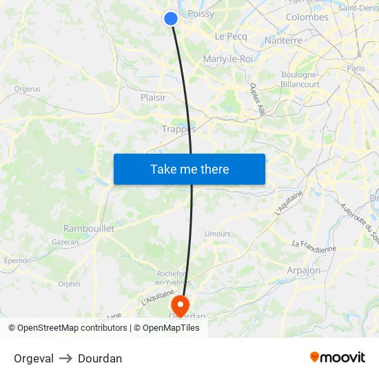 Orgeval to Dourdan map