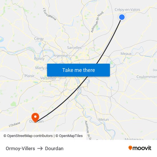 Ormoy-Villers to Dourdan map