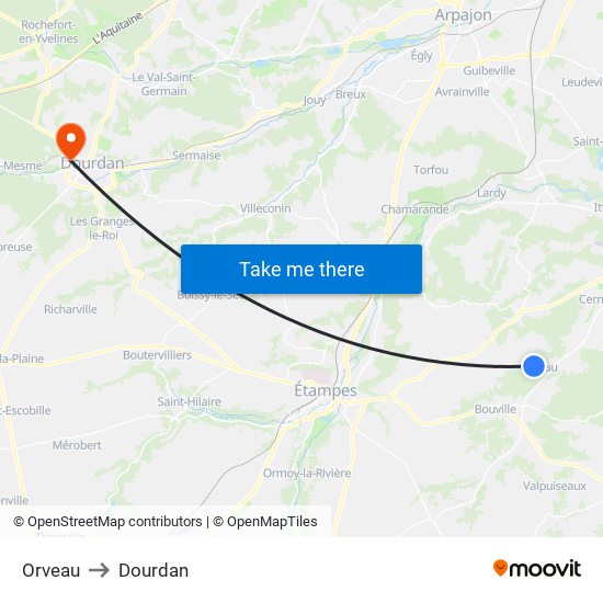 Orveau to Dourdan map