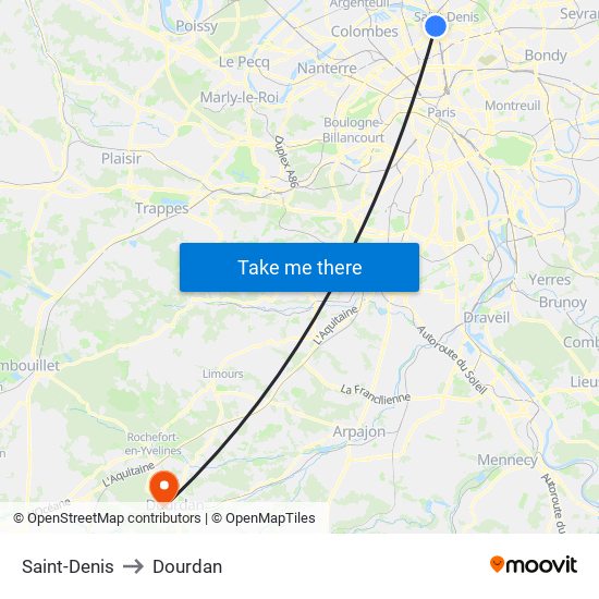Saint-Denis to Dourdan map