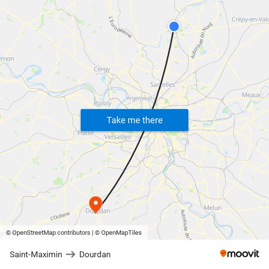 Saint-Maximin to Dourdan map