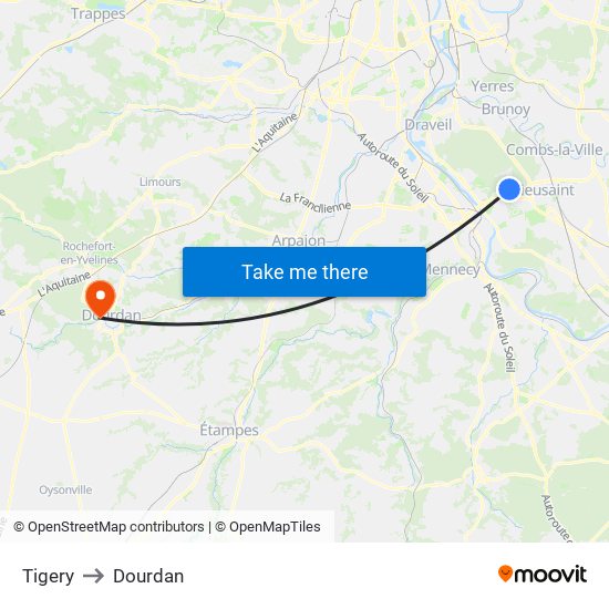 Tigery to Dourdan map