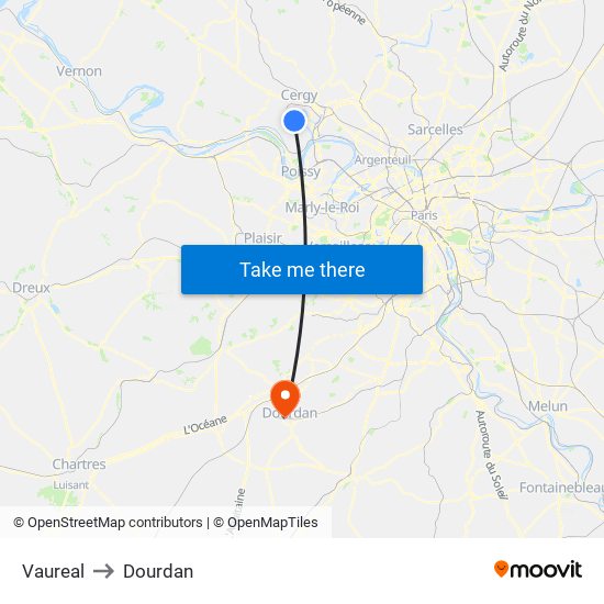 Vaureal to Dourdan map