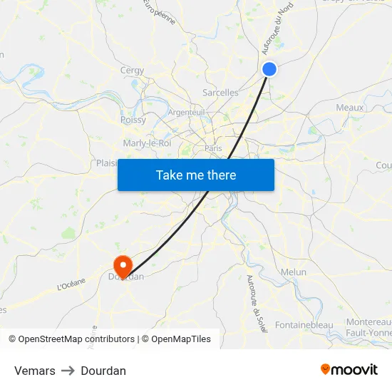 Vemars to Dourdan map