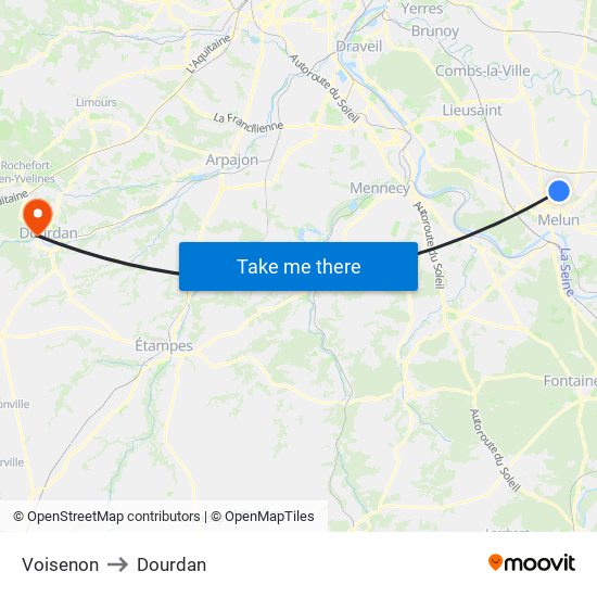 Voisenon to Dourdan map