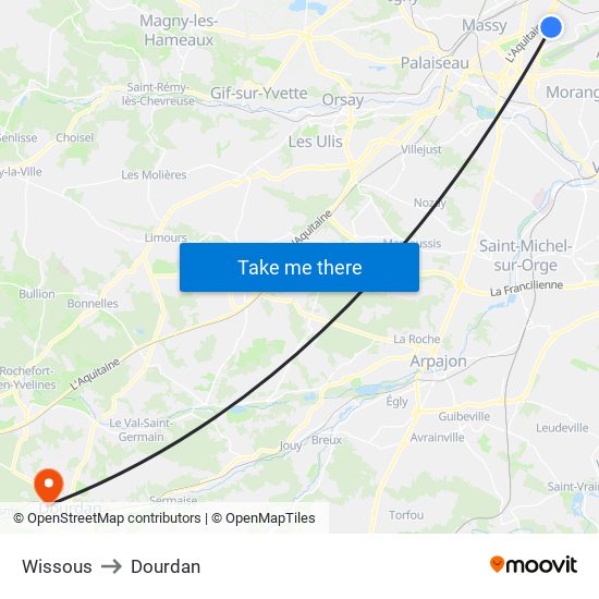 Wissous to Dourdan map