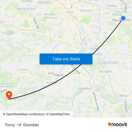 Torcy to Dourdan map