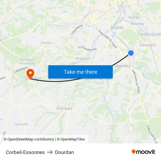 Corbeil-Essonnes to Dourdan map