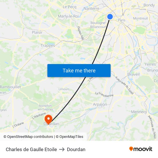 Charles de Gaulle Etoile to Dourdan map