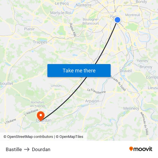 Bastille to Dourdan map
