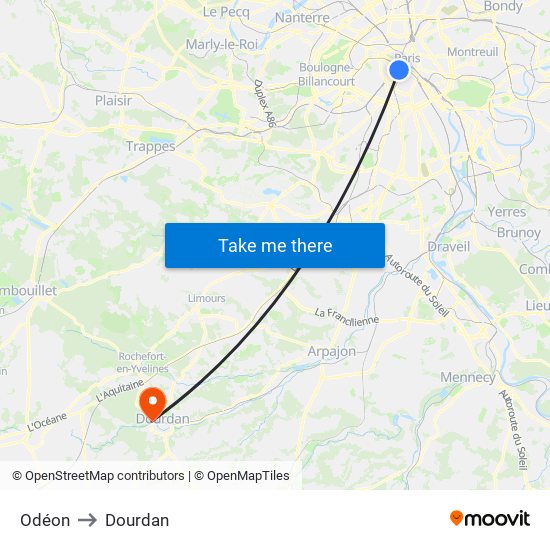 Odéon to Dourdan map