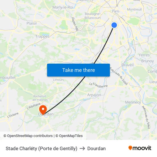 Stade Charléty (Porte de Gentilly) to Dourdan map