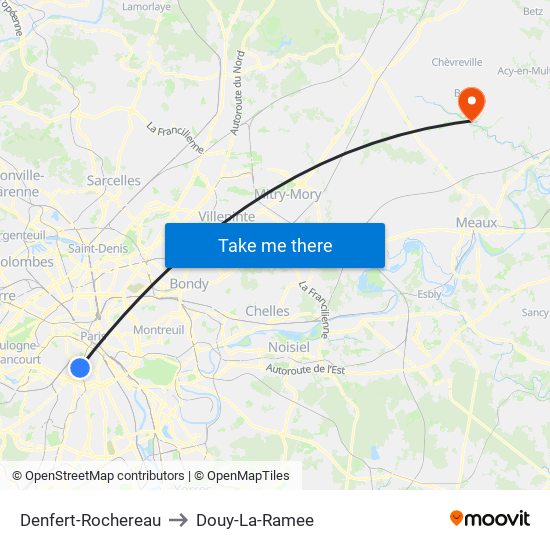 Denfert-Rochereau to Douy-La-Ramee map