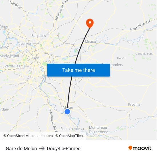 Gare de Melun to Douy-La-Ramee map