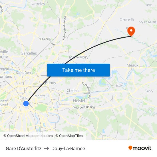 Gare D'Austerlitz to Douy-La-Ramee map