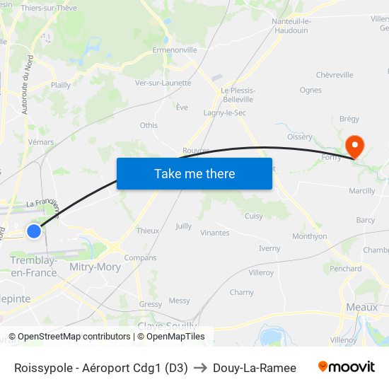 Roissypole - Aéroport Cdg1 (D3) to Douy-La-Ramee map