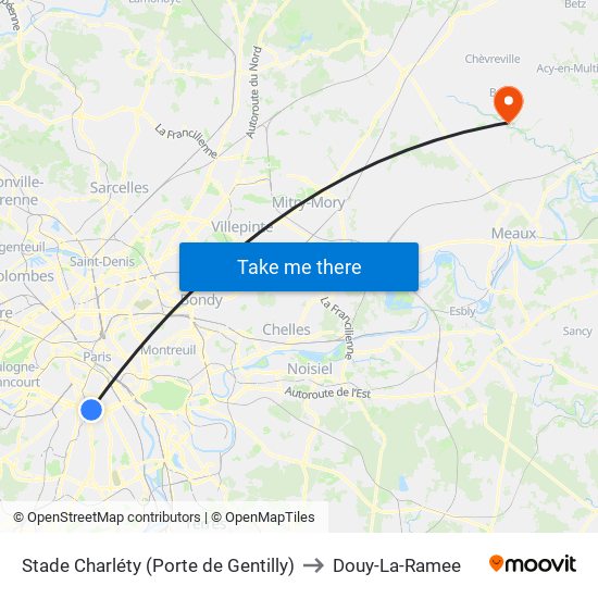 Stade Charléty (Porte de Gentilly) to Douy-La-Ramee map
