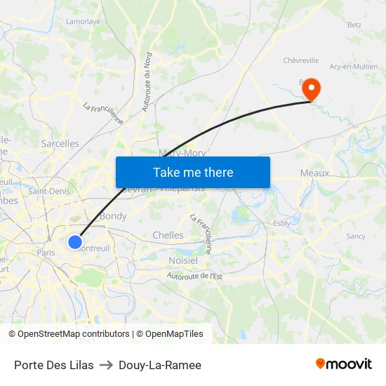 Porte Des Lilas to Douy-La-Ramee map