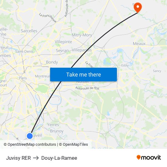 Juvisy RER to Douy-La-Ramee map