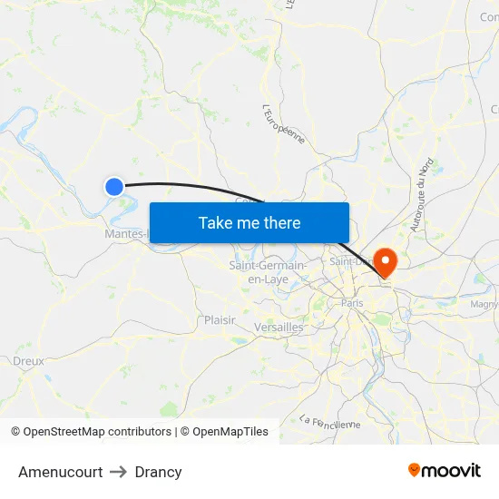 Amenucourt to Drancy map