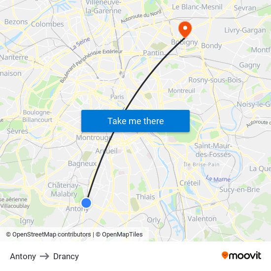 Antony to Drancy map