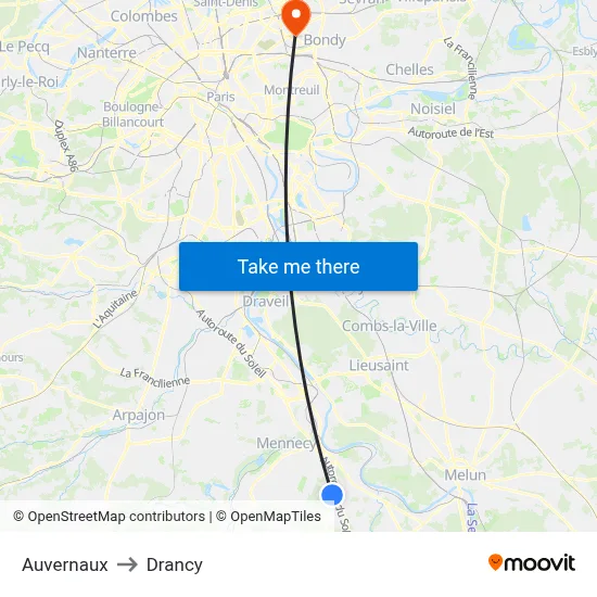 Auvernaux to Drancy map