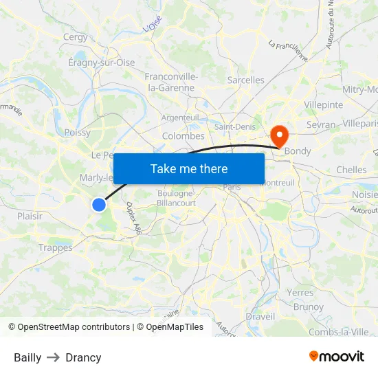 Bailly to Drancy map