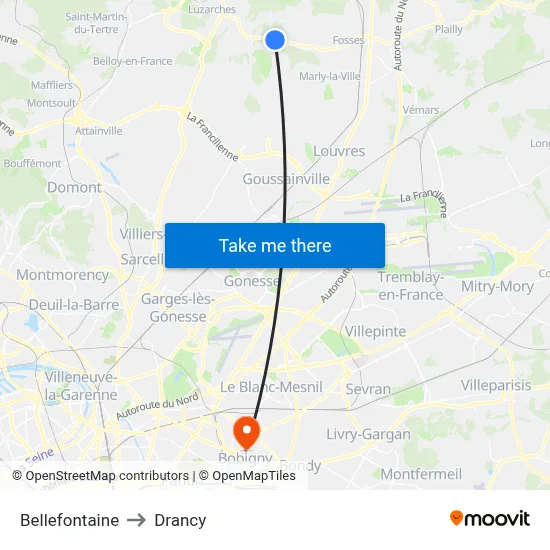 Bellefontaine to Drancy map