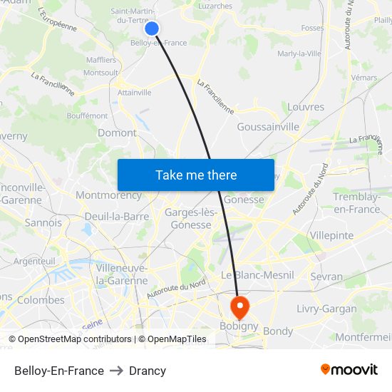 Belloy-En-France to Drancy map
