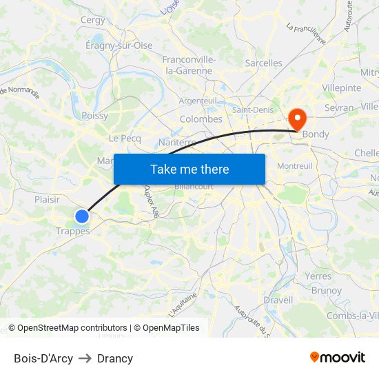 Bois-D'Arcy to Drancy map