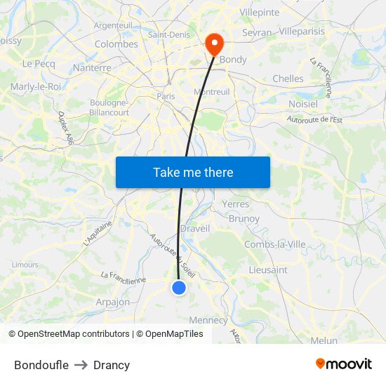 Bondoufle to Drancy map