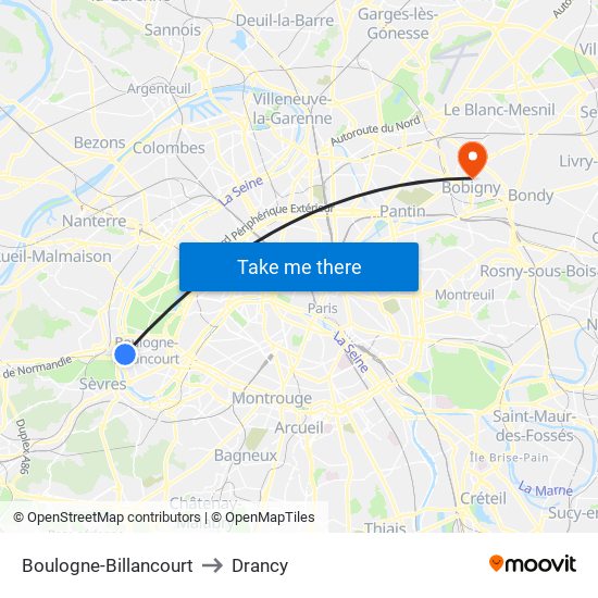 Boulogne-Billancourt to Drancy map