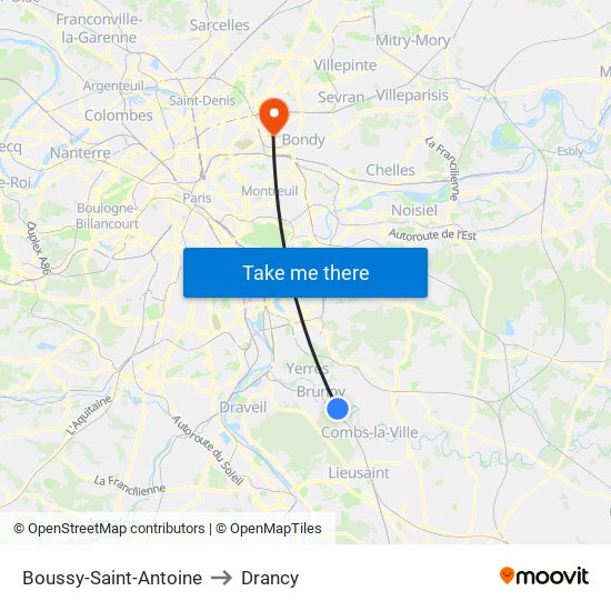 Boussy-Saint-Antoine to Drancy map