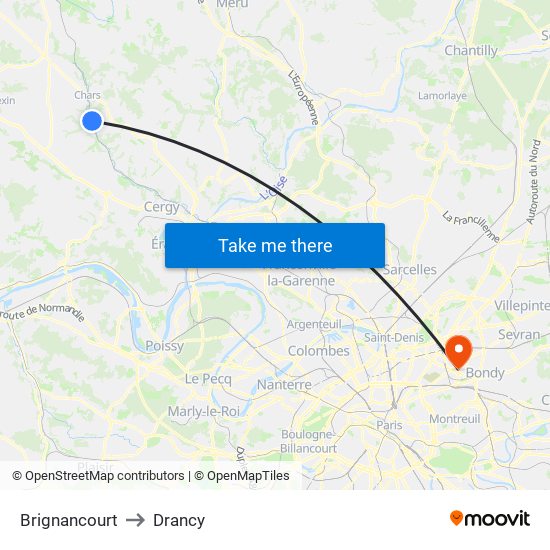 Brignancourt to Drancy map