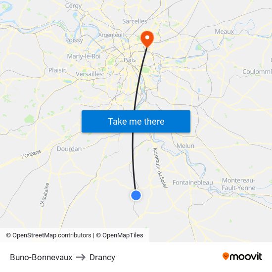 Buno-Bonnevaux to Drancy map