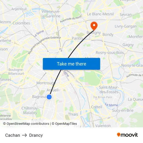 Cachan to Drancy map