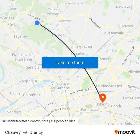 Chauvry to Drancy map