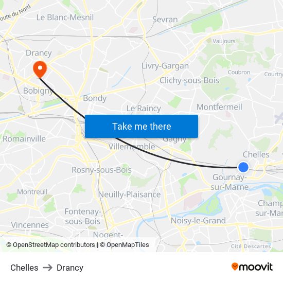 Chelles to Drancy map