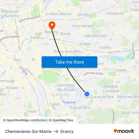 Chennevieres-Sur-Marne to Drancy map