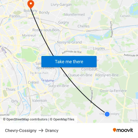 Chevry-Cossigny to Drancy map