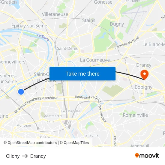 Clichy to Drancy map