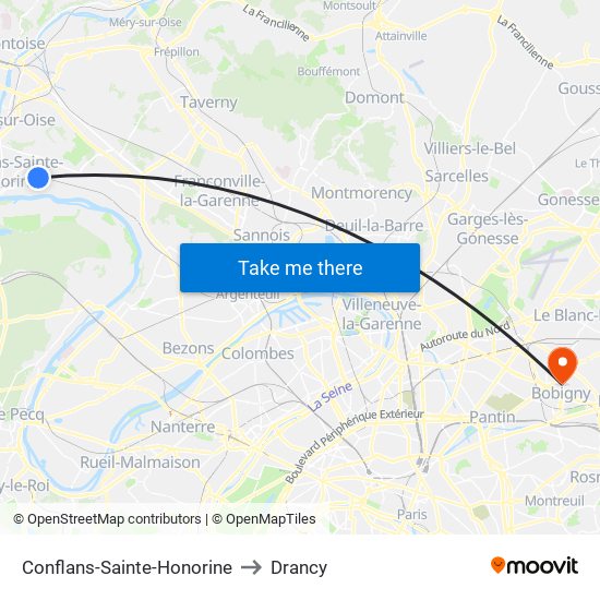 Conflans-Sainte-Honorine to Drancy map