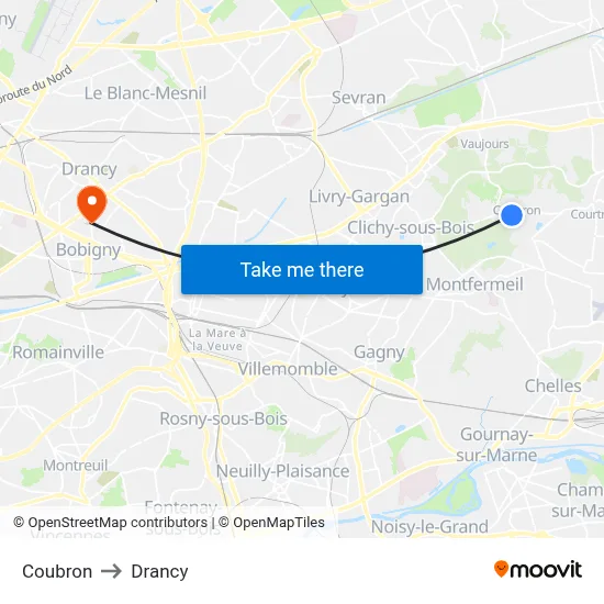 Coubron to Drancy map