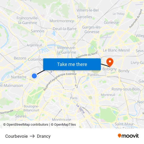 Courbevoie to Drancy map