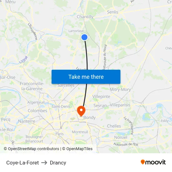 Coye-La-Foret to Drancy map