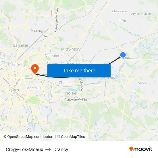 Cregy-Les-Meaux to Drancy map