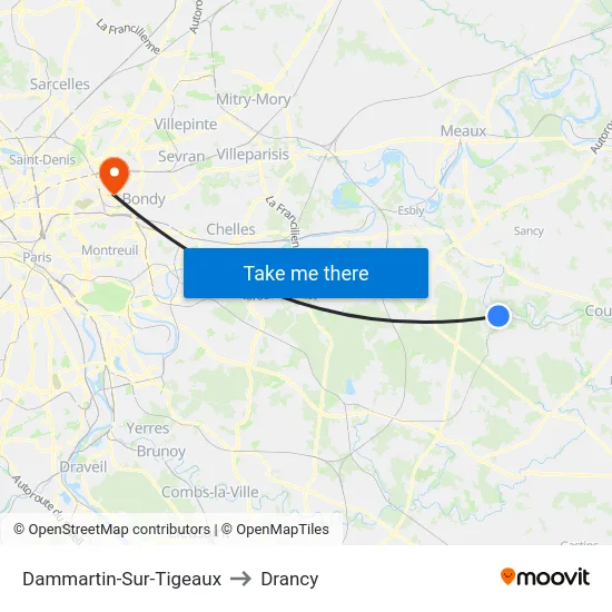 Dammartin-Sur-Tigeaux to Drancy map
