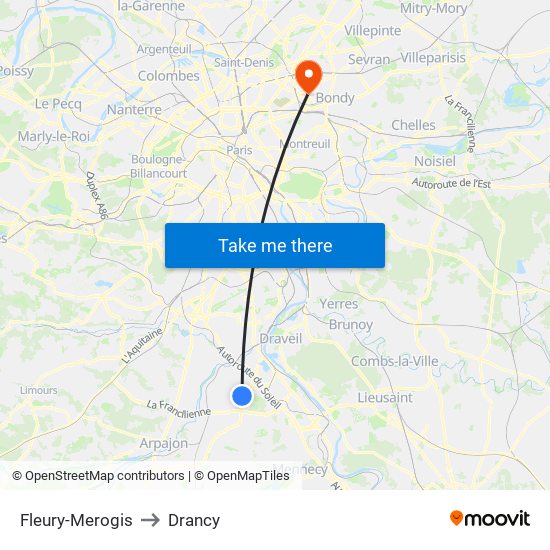 Fleury-Merogis to Drancy map