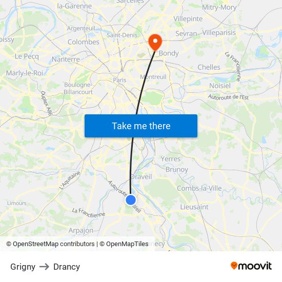 Grigny to Drancy map