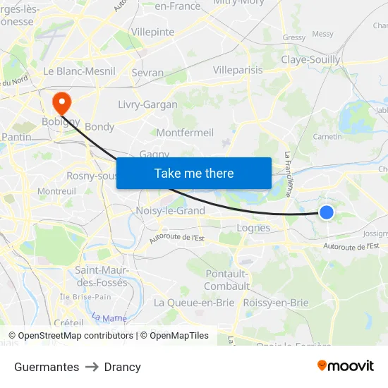 Guermantes to Drancy map